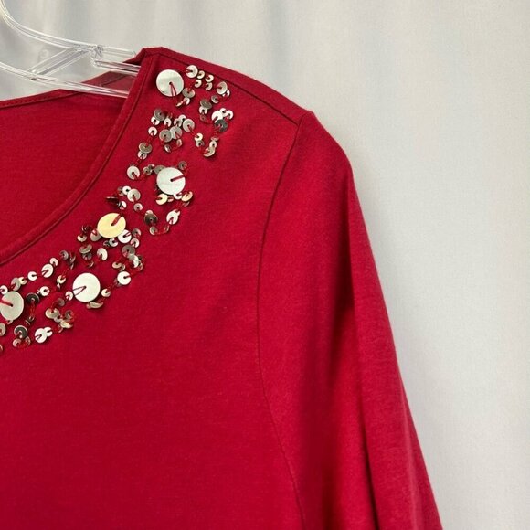 J Jill Womens Gilded Tee T-Shirt Red Long Sleeve Scoop Neck Embellished Sequin M - Picture 8 of 11
